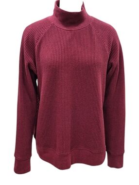 Lands End waffle knit top women's medium 10-12 burgundy mock neck raglan sleeve